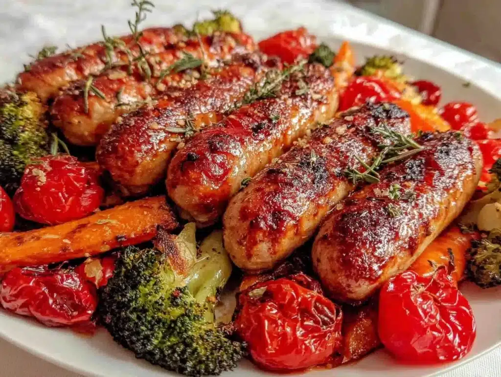 healthy sheet pan sausage and roasted vegetable dinner - featured image