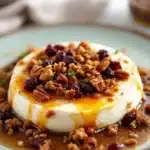baked brie with cranberry pecan honey topping - featured image