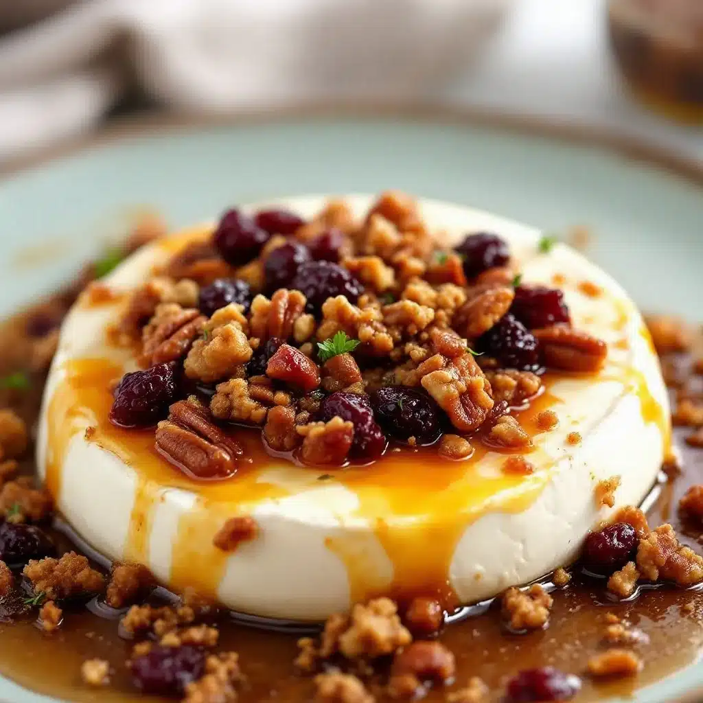 baked brie with cranberry pecan honey topping - featured image