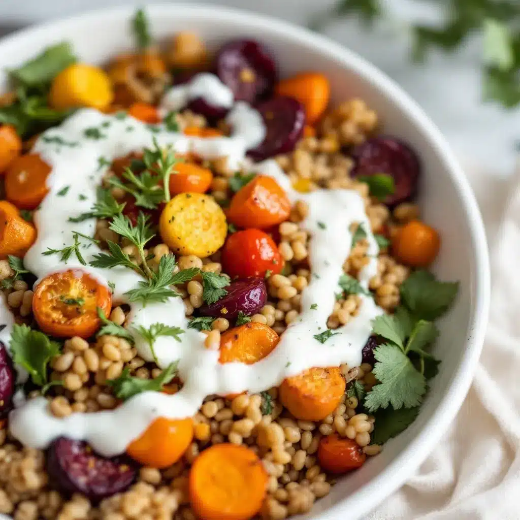 cozy fall harvest grain bowl with roasted vegetables preparation steps