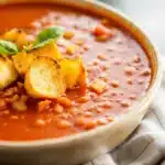 cozy fresh tomato basil soup with grilled cheese croutons - featured image