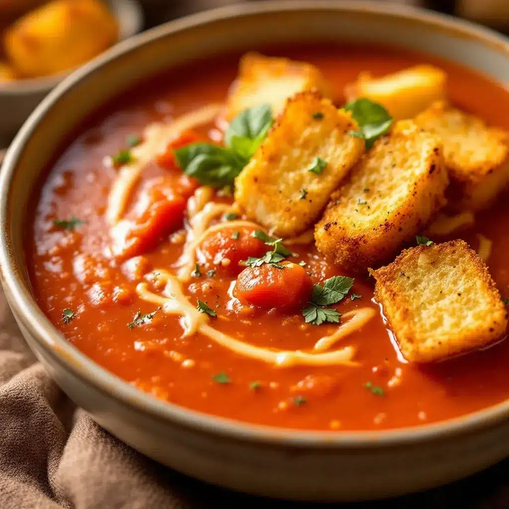 cozy fresh tomato basil soup with grilled cheese croutons preparation steps