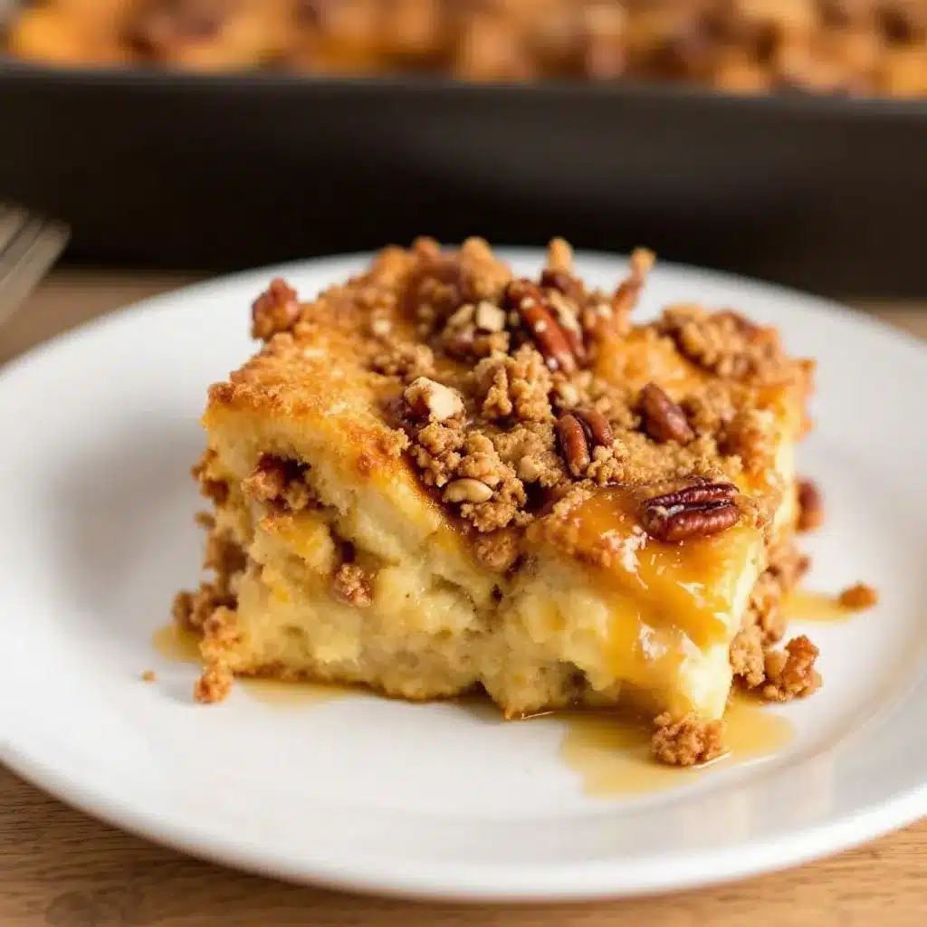 cozy overnight eggnog French toast bake with pecan streusel preparation steps