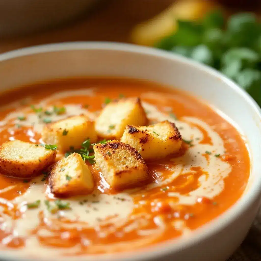 creamy tomato soup with grilled cheese croutons preparation steps