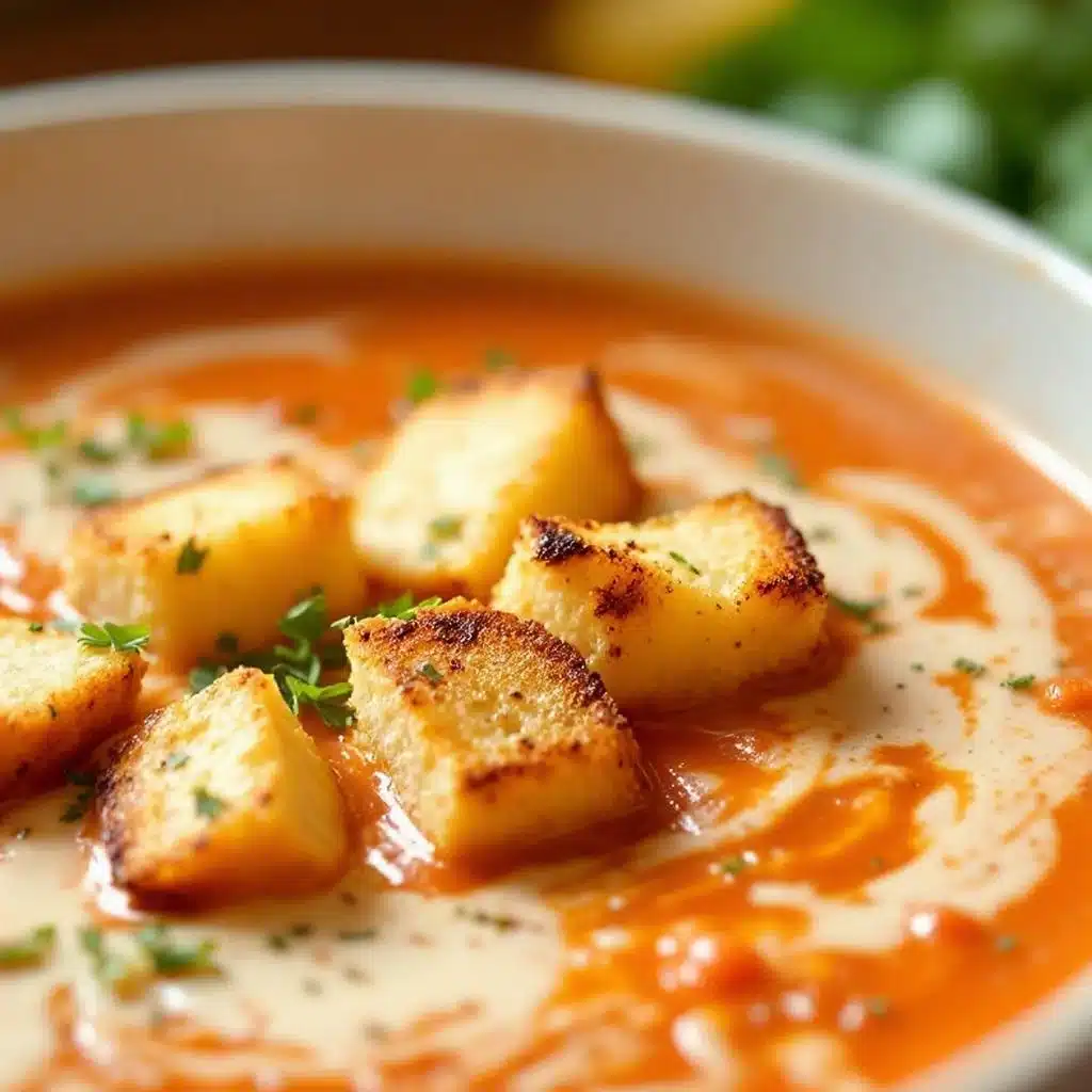 creamy tomato soup with grilled cheese croutons - featured image