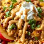 easy apple nachos with peanut butter drizzle - featured image