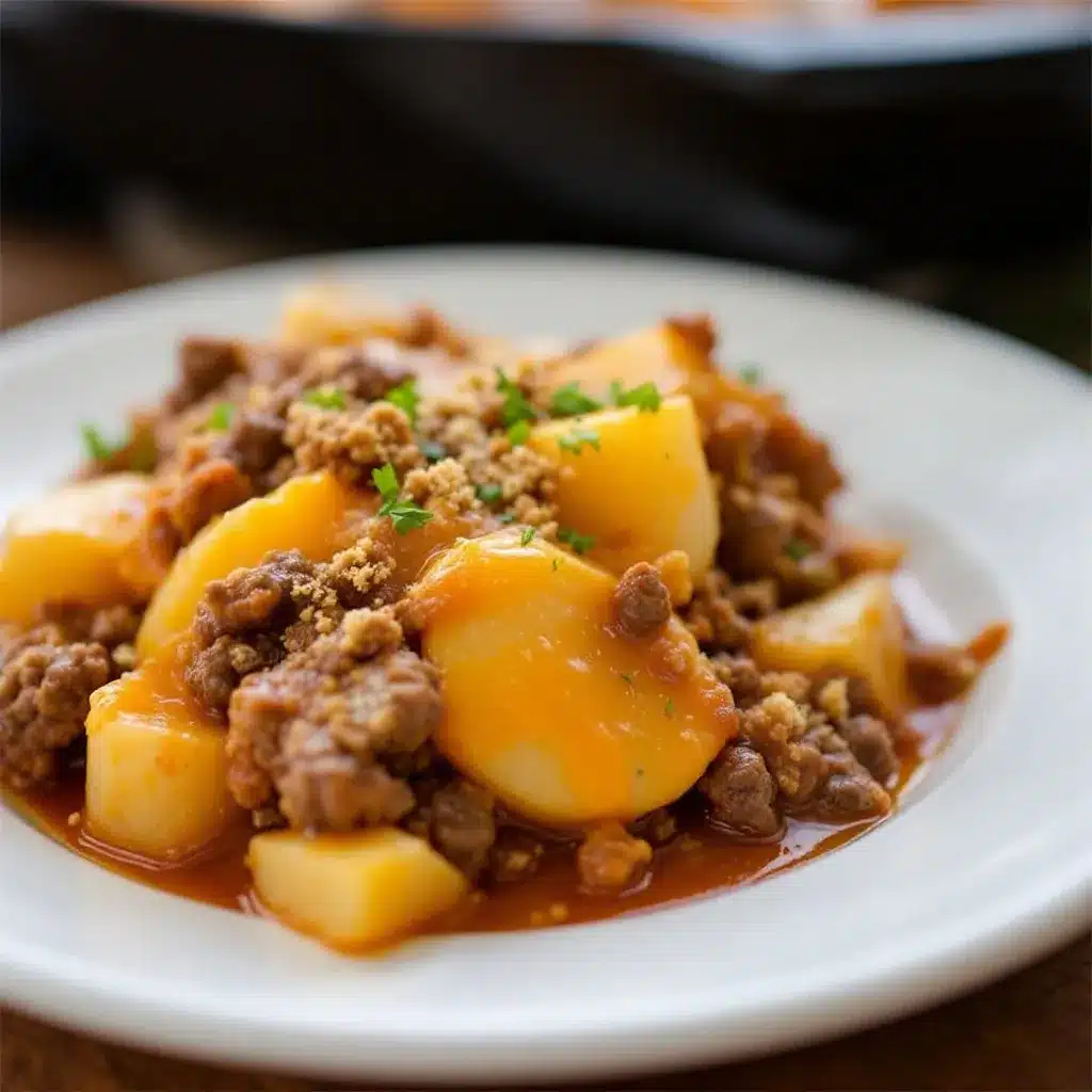 easy cheesy ground beef and potato skillet casserole preparation steps
