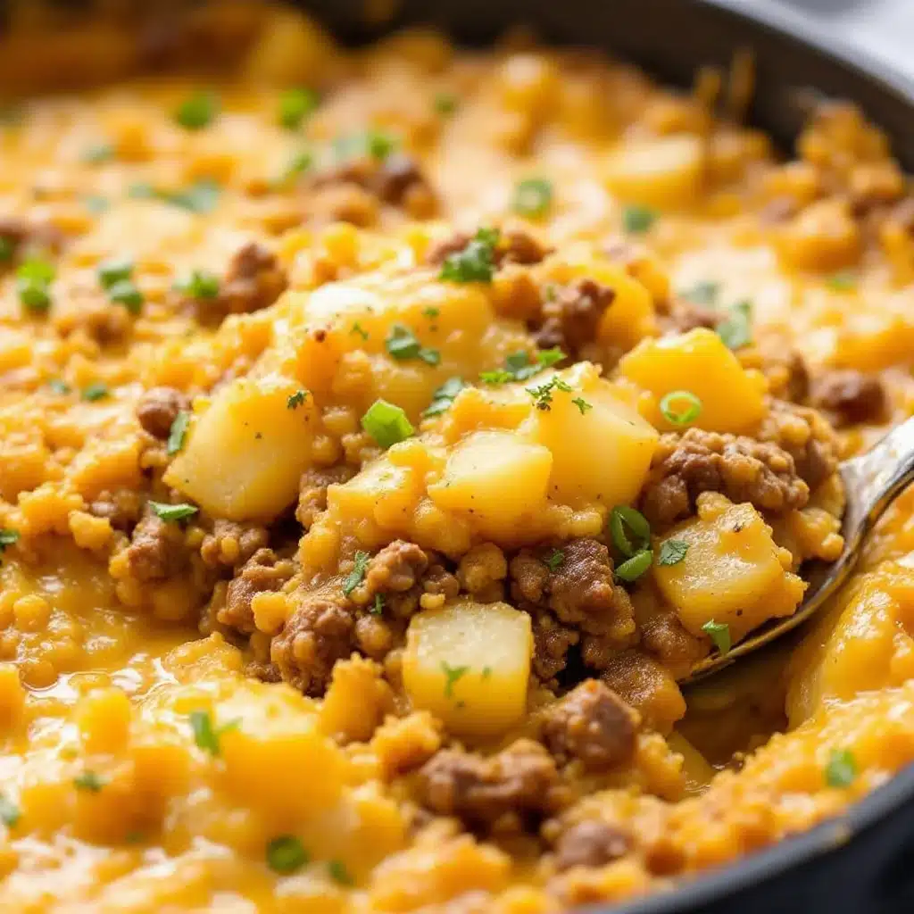 easy cheesy ground beef and potato skillet casserole - featured image