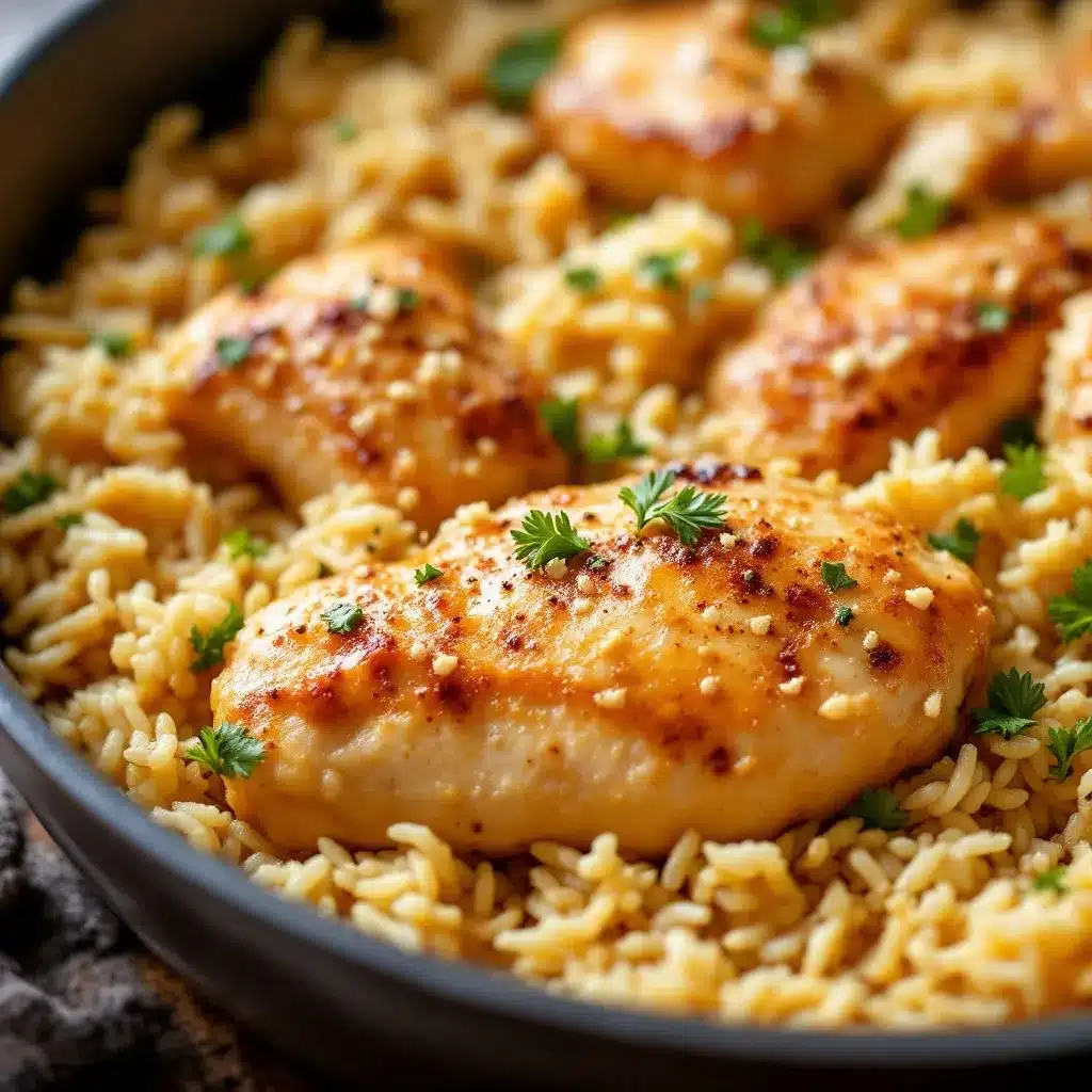 one-pan garlic butter chicken and rice preparation steps