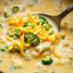 creamy crockpot cheesy broccoli cheddar soup - featured image