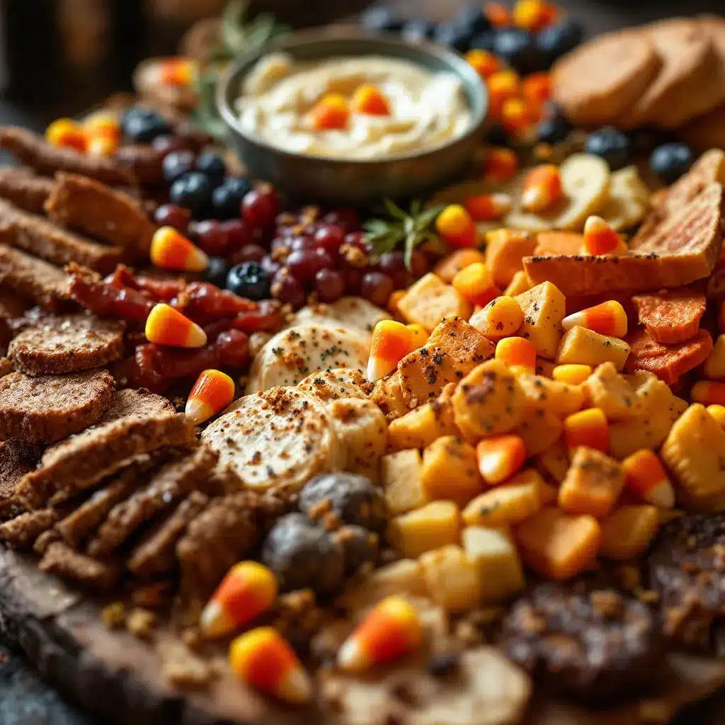 Halloween charcuterie board with candy corn preparation steps